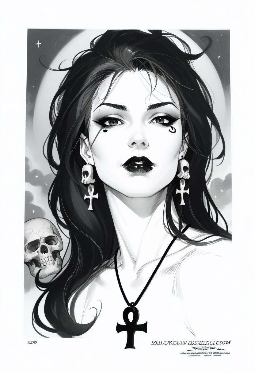 dsk_death, 1girl, earrings, jewelry, necklace, ankh necklace, monochrome, traditional media, sketch, black lips, cross earrings, long hair, lipstick, makeup, skull, looking at viewer, comic art style, death_of_the_endless\(sandman\), greyscale, monochrome, cinematic angle, cinematic lighting, BREAK zPDXL2 PonyXLV6_Scores