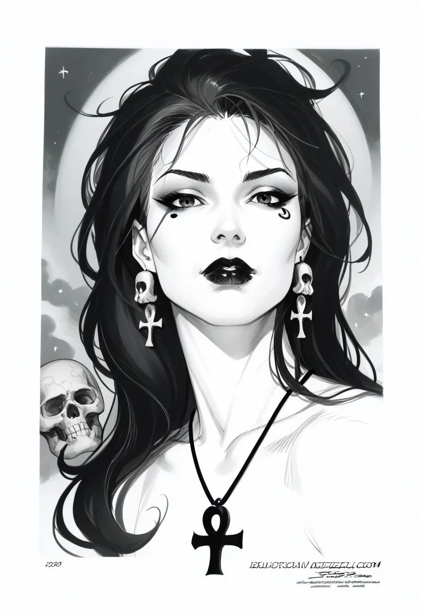 dsk_death, 1girl, earrings, jewelry, necklace, ankh necklace, monochrome, traditional media, sketch, black lips, cross earrings, long hair, lipstick, makeup, skull, looking at viewer, comic art style, death_of_the_endless\(sandman\), greyscale, monochrome, cinematic angle, cinematic lighting, BREAK zPDXL2 PonyXLV6_Scores