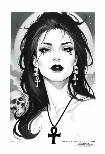 dsk_death, 1girl, earrings, jewelry, necklace, ankh necklace, monochrome, traditional media, sketch, black lips, cross earrings, long hair, lipstick, makeup, skull, looking at viewer, comic art style, death_of_the_endless\(sandman\), greyscale, monochrome, cinematic angle, cinematic lighting, BREAK zPDXL2 PonyXLV6_Scores
