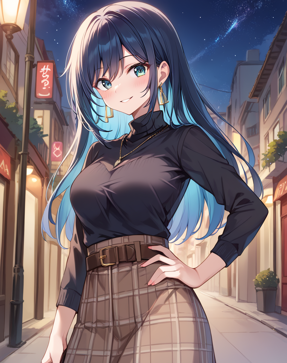 touko_sakurajima, multicolored hair, long hair, black hair, blue hair, aqua eyes,  jewelry, earrings, holding, breasts,date clothes, black sweater, belt, plaid skirt, brown skirt, necklace  BREAK outdoors, city street, night, starry sky, BREAK hand on hip, smile, blush, looking at viewer BREAK score_9, score_8_up, score_7_up, source_anime ,zPDXL,<lora:touko_sakurajima:0.8>