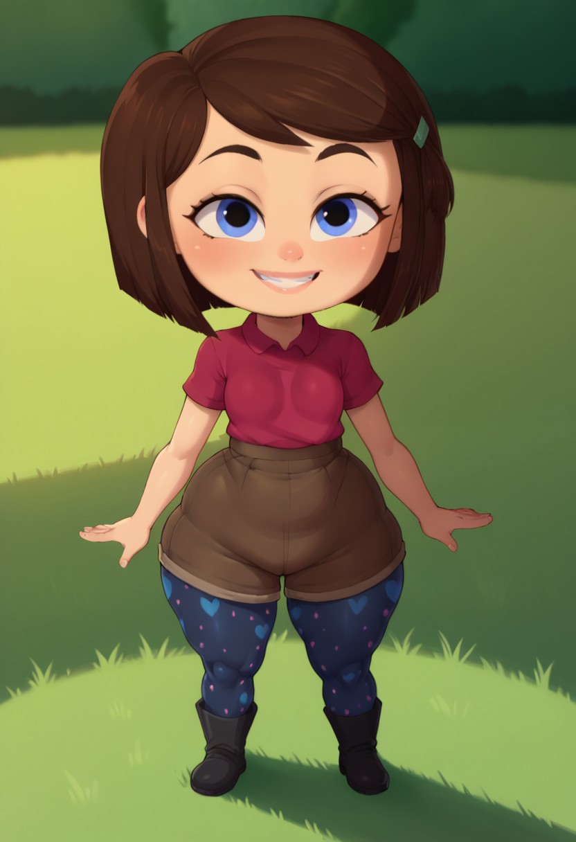 Score_9_up, score_8_up, score_7_up, (detailed face and eyes:1), Expressiveh, Dop Style, looking at viewer, 1girl, small body, Short stature, chibi, thick thighs, narrow waist, small breasts, big ass, huge ass, standing, smile, open eyes, perfect eyes, head on, dressed, perfect teeth
BREAK: in a forest, green floor, Sunny day, grass
BREAK: 1 girl, tabitha templeton, short hair, brown hair, blue eyes, polka dot pantyhose, red shirt, shorts,