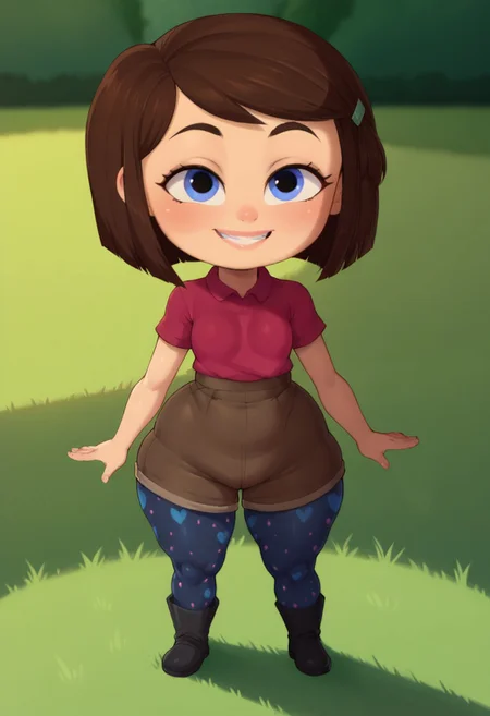 Score_9_up, score_8_up, score_7_up, (detailed face and eyes:1), Expressiveh, Dop Style, looking at viewer, 1girl, small body, Short stature, chibi, thick thighs, narrow waist, small breasts, big ass, huge ass, standing, smile, open eyes, perfect eyes, head on, dressed, perfect teeth
BREAK: in a forest, green floor, Sunny day, grass
BREAK: 1 girl, tabitha templeton, short hair, brown hair, blue eyes, polka dot pantyhose, red shirt, shorts,