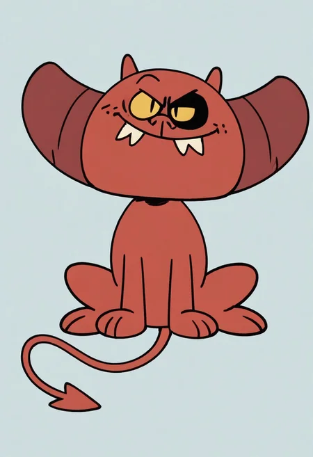 (score_9 | score_8_up | score_7_up) ((masterpiece:1))(best quality,very high quality,ultra detailed:1.2) (2D,cartoon style,anime style)(Smooth:2)(clean blurring) (four fingers on each hand,one thumb on each hand:1), charles, dog, all fours, black spot on left eye, impish, demon, red skin, small pointed nose, pointed tail, yellow eyes, slit pupils, two small horns, two large curved horns on sides of her head, pair of deformed fangs, smug, full body