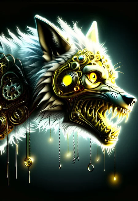 A hyper-realistic cgi profile of a skeletal wolf with gaping jaws sharp teeth and a yellow eye disheveled fur fused half with a (human:1.1) set against a dark smoky background. The lighting accentuates the bone's texture and eerie atmosphere., <lora:- NAI - ac_illustration_V1.0-step00011000:.2> <lora:- NAI - PdJ_highres_counterweight_V.2.0-step00021000:0.7>