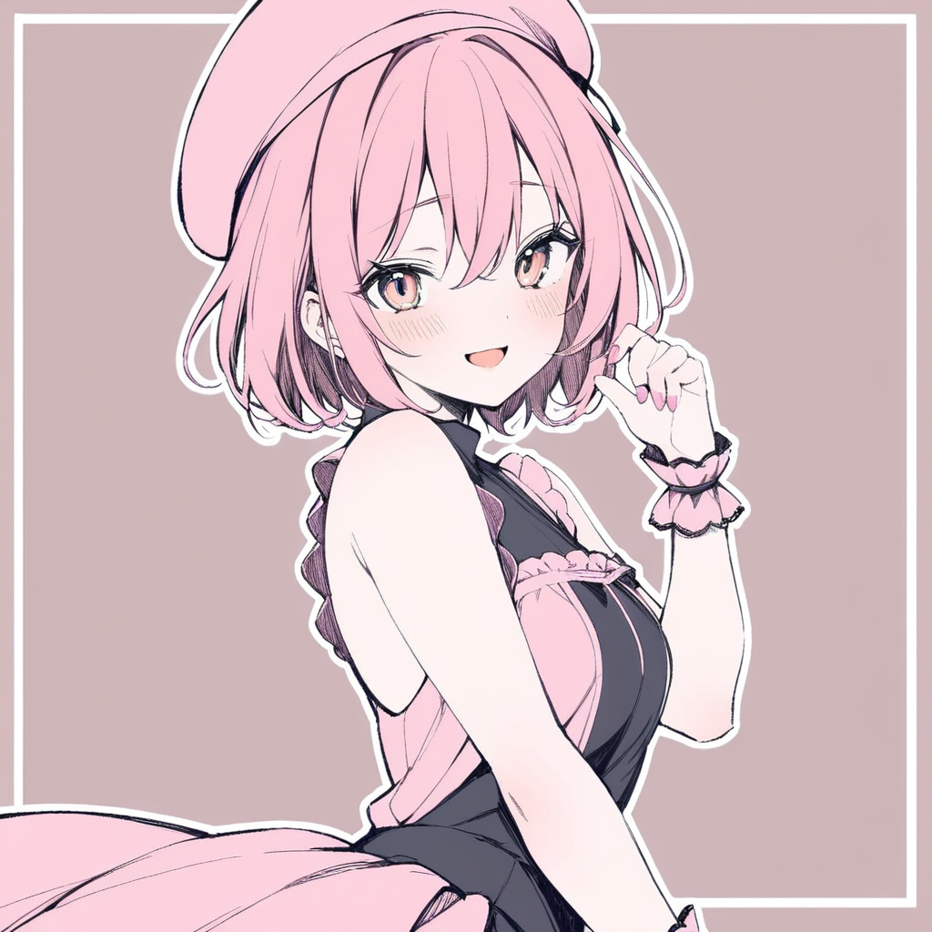 1girl, 
solo, upper body, smile, bare shoulders, turtleneck, two-tone dress, pink hat, short hair, hat, dress, hair between eyes, pink hair, :d, blush, nail polish, beret, looking at viewer, hand up, open mouth, pink nails, pink wrist cuffs, pink dress, white background, sleeveless, black dress, wrist cuffs, brown eyes, shy, simple background, sleeveless dress, frills, 
masterpiece, best quality,  safe
 <lora:mki-a31-dodosako-v1-000070:1>