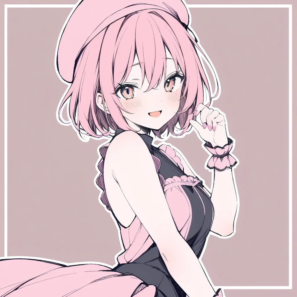 1girl,
solo, upper body, smile, bare shoulders, turtleneck, two-tone dress, pink hat, short hair, hat, dress, hair between eyes, pink hair, :d, blush, nail polish, beret, looking at viewer, hand up, open mouth, pink nails, pink wrist cuffs, pink dress, white background, sleeveless, black dress, wrist cuffs, brown eyes, shy, simple background, sleeveless dress, frills,
masterpiece, best quality, safe
<lora:mki-a31-dodosako-v1-000070:1>