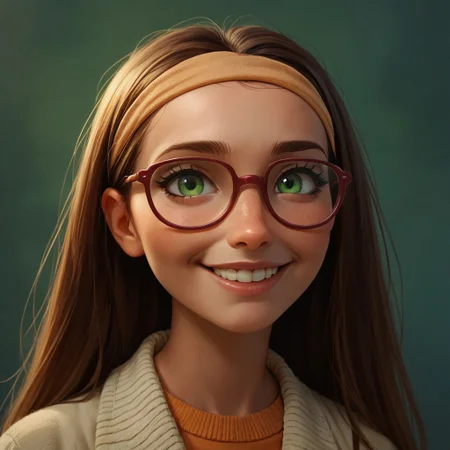 score_9, score_8_up, score_7_up, score_6_up, score_5_up, score_4_up, 1girl, Hon_Lem, Glasses, smiling, green eyes, portrait