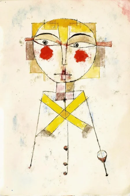 paulklee1 painting.
A surreal, geometric face-like figure with exaggerated features: large, round eyes, a prominent nose, and a small mouth. The face is composed of intersecting lines and shapes in shades of red, yellow, and brown.
<lora:paulklee1_cap_d8a4e12:1.0><lora:839873940118785344:0>