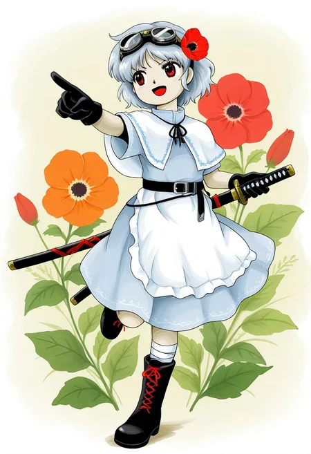 watercolor, aesthetic, colorful, jaggy lines, zun \(style\), BREAK, 1girl, solo, (short, small body, grey hair, short hair, red eyes, black tanker goggles on head, flower in hair, poppy flower in hair, white capelet, white sleeves, short sleeves,  katana sheath, white apron, light blue dress, white leg wraps, black gloves, black boots, red laces, black belt), standing, >:D, running, pointing, sword drawn, tropical background, scrapyard,