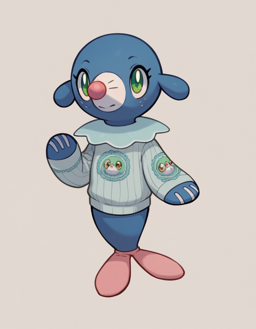 score_9, score_8_up, score_7_up, score_6_up, score_5_up, score_4_up, 1girl, full body, solo,
(grey fair-isle patterned sweater), (pink socks), (blue skirt), <lora:Popplio v1:0.8> popplio, blue fur, white snout, pink nose, droopy ears, whisker markings, blue collar, frilled collar, pokemon \(creature\), (seal \(animal\):1.2), green eyes, eyelashes, pinniped, flippers, freckles