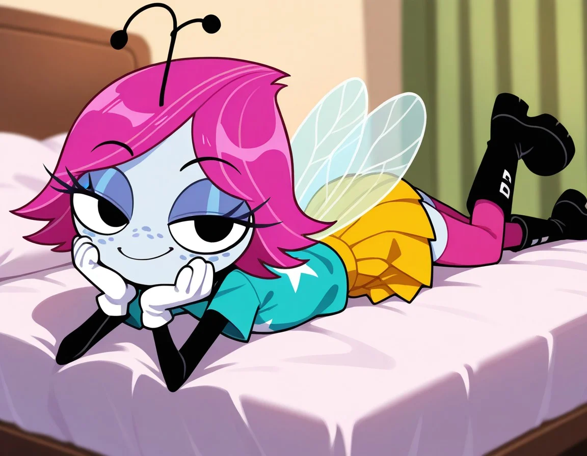 masterpiece, best quality, amazing quality, very aesthetic, high resolution, ultra-detailed, absurdres, newest, BREAK, detailed background, detailed hair, depth of field, detailed photorealistic details, volumetric lighting, masterpiece, newest, absurdres, safe, , very aesthetic, absurdres, Maggie Pesky, arthropod girl, short hair, pink hair, freckles, yellow skirt, pleated skirt, aqua shirt, white star print, pink thighhighs, white gloves, short sleeves, wings, ((4 arms)), black eyes, eyelashes, black skin, antennae, insect wings, black boots, standing, happy, smile, dynamic pose, dynamic angle, dramatic angle,excited, smug, smirk, half closed eyes, lying on stomach, on bed, resting chin on hands, one leg up, looking at viewer, lifted eyebrow, , <lora:dd301880-a1bf-4ad1-b74f-0b6bb1ab7476:1.0>