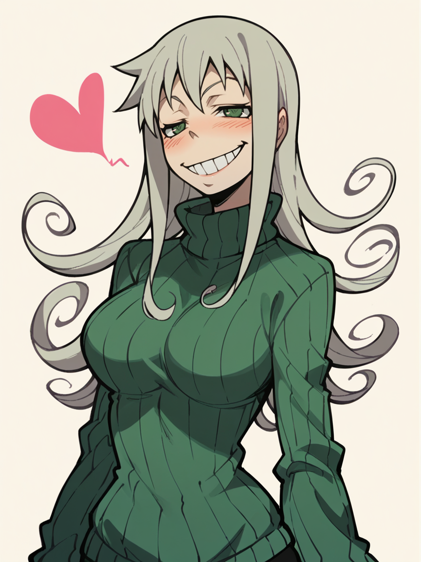 score_9, score_8_up, score_7_up, score_6_up, score_5_up,  <lora:SoulEaterXLP:1> soul eater, 1girl, solo, heart, curvy, sweater, long hair, grin