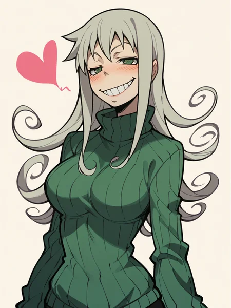 score_9, score_8_up, score_7_up, score_6_up, score_5_up, <lora:SoulEaterXLP:1> soul eater, 1girl, solo, heart, curvy, sweater, long hair, grin