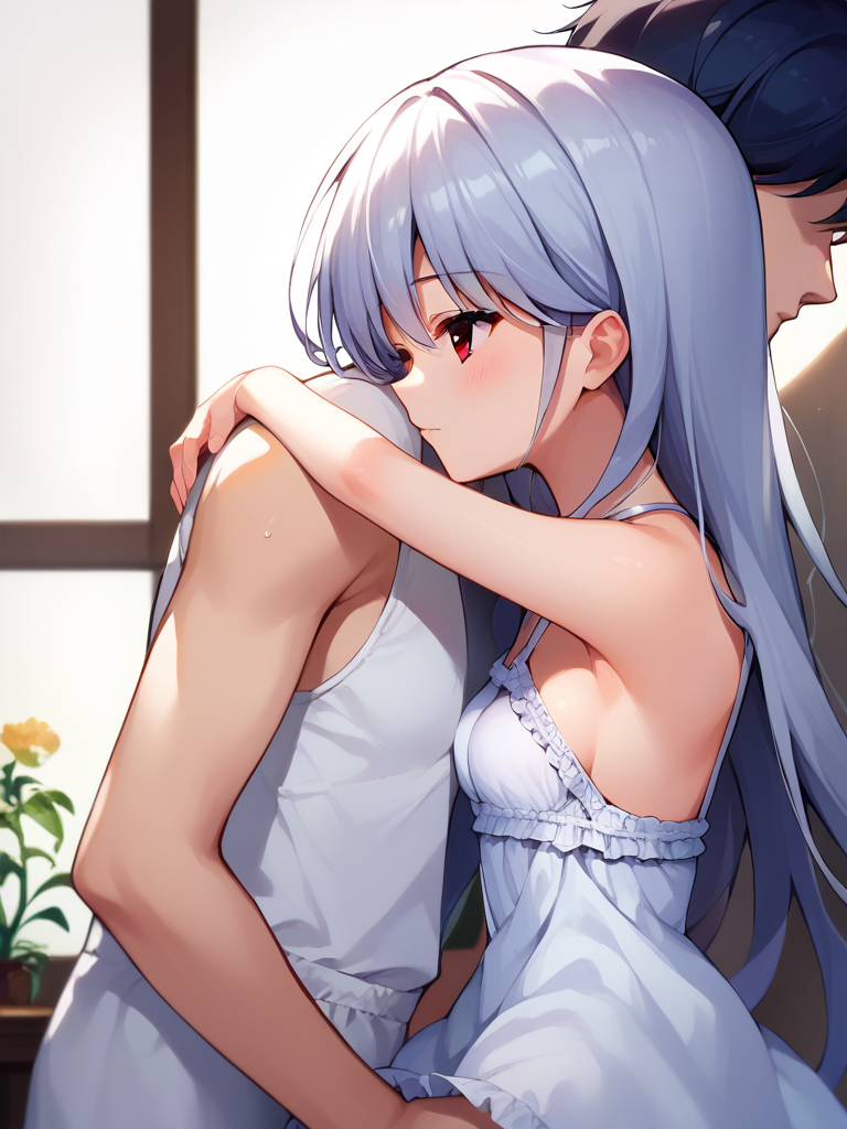 masterpiece,best quality, highly detailed, score_9, score_8_up, score_7_up, score_6_up,source_Anime,  <lora:Kazuki FF 5:0.9> kzk, silver hair, long hair, red eyes, small breasts, sundress, 
hugging male, faceless male, from side,