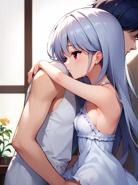 masterpiece,best quality, highly detailed, score_9, score_8_up, score_7_up, score_6_up,source_Anime, <lora:Kazuki FF 5:0.9> kzk, silver hair, long hair, red eyes, small breasts, sundress,
hugging male, faceless male, from side,