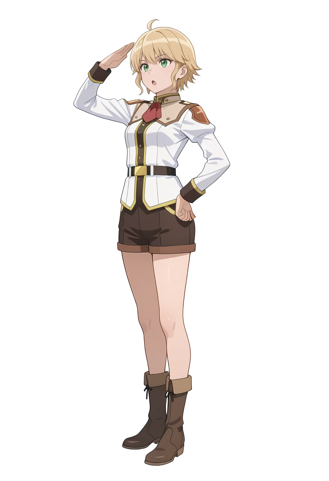 Smooth Quality,masterpiece,very intricate, high quality details, ultra realistic, high detailed skin,
simple background, white background,
front view,:o,straight-arm salute,standing pose, arms akimbo, feet slightly apart, determined expression, balanced posture, ,
<lora:Rembrandt_Yunocnn:0.7> rembrandtyuno/cnn, blonde hair, solo, green eyes,1girl,
uniform, shorts,boots,