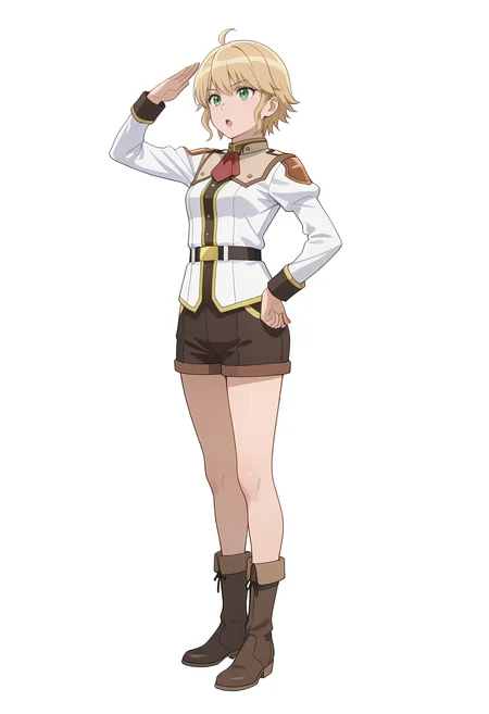 Smooth Quality,masterpiece,very intricate, high quality details, ultra realistic, high detailed skin,
simple background, white background,
front view,:o,straight-arm salute,standing pose, arms akimbo, feet slightly apart, determined expression, balanced posture, ,
<lora:Rembrandt_Yunocnn:0.7> rembrandtyuno/cnn, blonde hair, solo, green eyes,1girl,
uniform, shorts,boots,