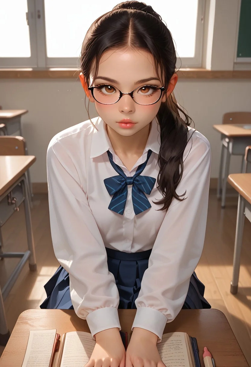 full body image, score_9, score_8_up, score_7_up, score_6_up, 1girl, 18 years old, alone, morimee_style, cute face, asian, lump lips, brown eyes, small chest, black hair, ponytail, long hair, glasses,
morimee_style, school uniform, classroom, holding books, looking at viewer, sitting behind desk