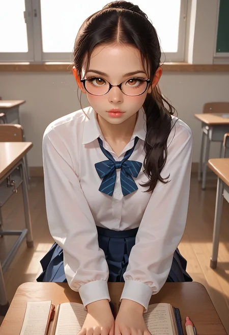 full body image, score_9, score_8_up, score_7_up, score_6_up, 1girl, 18 years old, alone, morimee_style, cute face, asian, lump lips, brown eyes, small chest, black hair, ponytail, long hair, glasses,
morimee_style, school uniform, classroom, holding books, looking at viewer, sitting behind desk