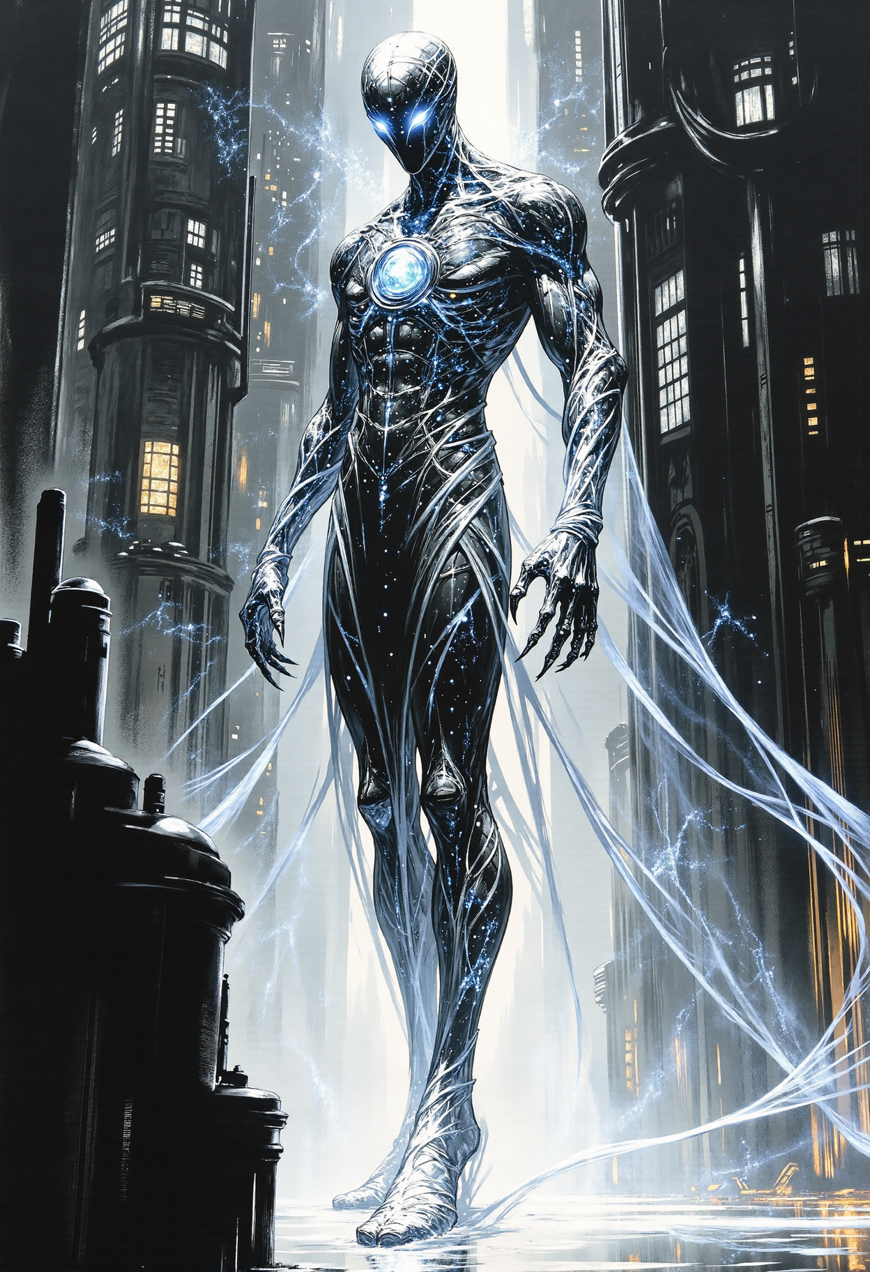 fg, Create an artwork of NYARLATHOTEP, a figure from the Cthulhu Mythos, also known as the Black Pharaoh. A shape-shifter who guides the energies of the mystic cosmos and arcane infinity.


Behind the figure, the sharp outlines of a City, named R'lyeh, the Sacred Stone City. 

The overall mood should be ominous and unsettling, capturing the essence of a cosmic horror entity.

Use lumen for dynamic lighting and reflective surfaces, employ ray tracing to make these effects even more realistic. Overall, the painting with a focus on detailed textures and dramatic lighting features a monochromatic scheme, primarily with shades of black, white, and gray.