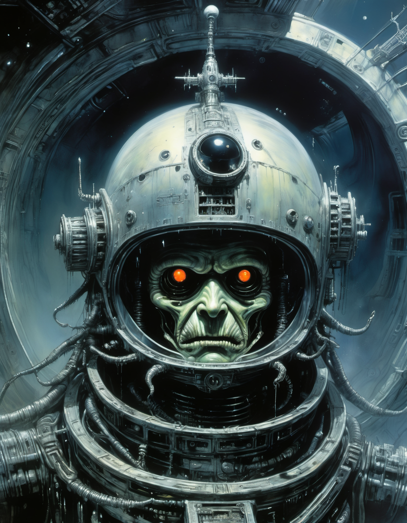 "Close-up, front-facing view of a scavenger, his face reflecting horror, within the chilling confines of a derelict space station. Sharp contrasts, lavishly intricate, drawing from H.R. Giger", surrealism, weird and pissed off, oil on canvas, dry brush, <lora:John Berkey Style:0.9>, John Berkey Style