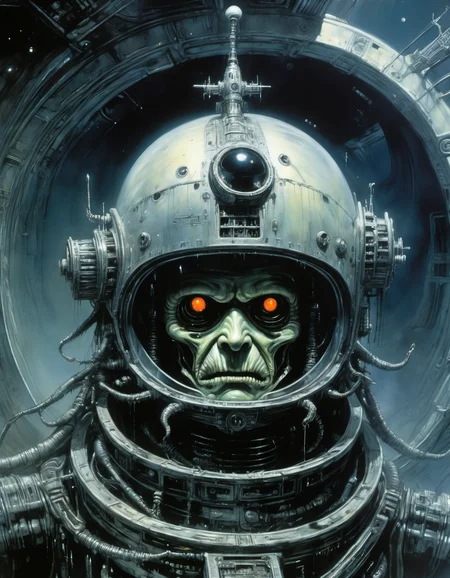 "Close-up, front-facing view of a scavenger, his face reflecting horror, within the chilling confines of a derelict space station. Sharp contrasts, lavishly intricate, drawing from H.R. Giger", surrealism, weird and pissed off, oil on canvas, dry brush, <lora:John Berkey Style:0.9>, John Berkey Style
