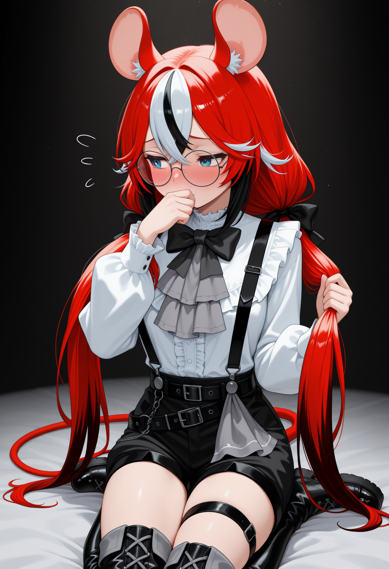 masterpiece, best quality, 1girl, solo, B4elzStlRs, blue eyes, multicolored hair, red hair, white hair, black hair, very long hair, low twintails, animal ears, hair bow, round eyewear, black bowtie, grey ascot, frilled shirt, white shirt, long sleeves, suspenders, black shorts, black belt, black thigh strap, uneven legwear, black boots, tail, tail ornament, holding own hair , hand over own mouth, shy, blush, embarrassed, averting eyes, <lora:ChamHakosBaelzNoob:1>