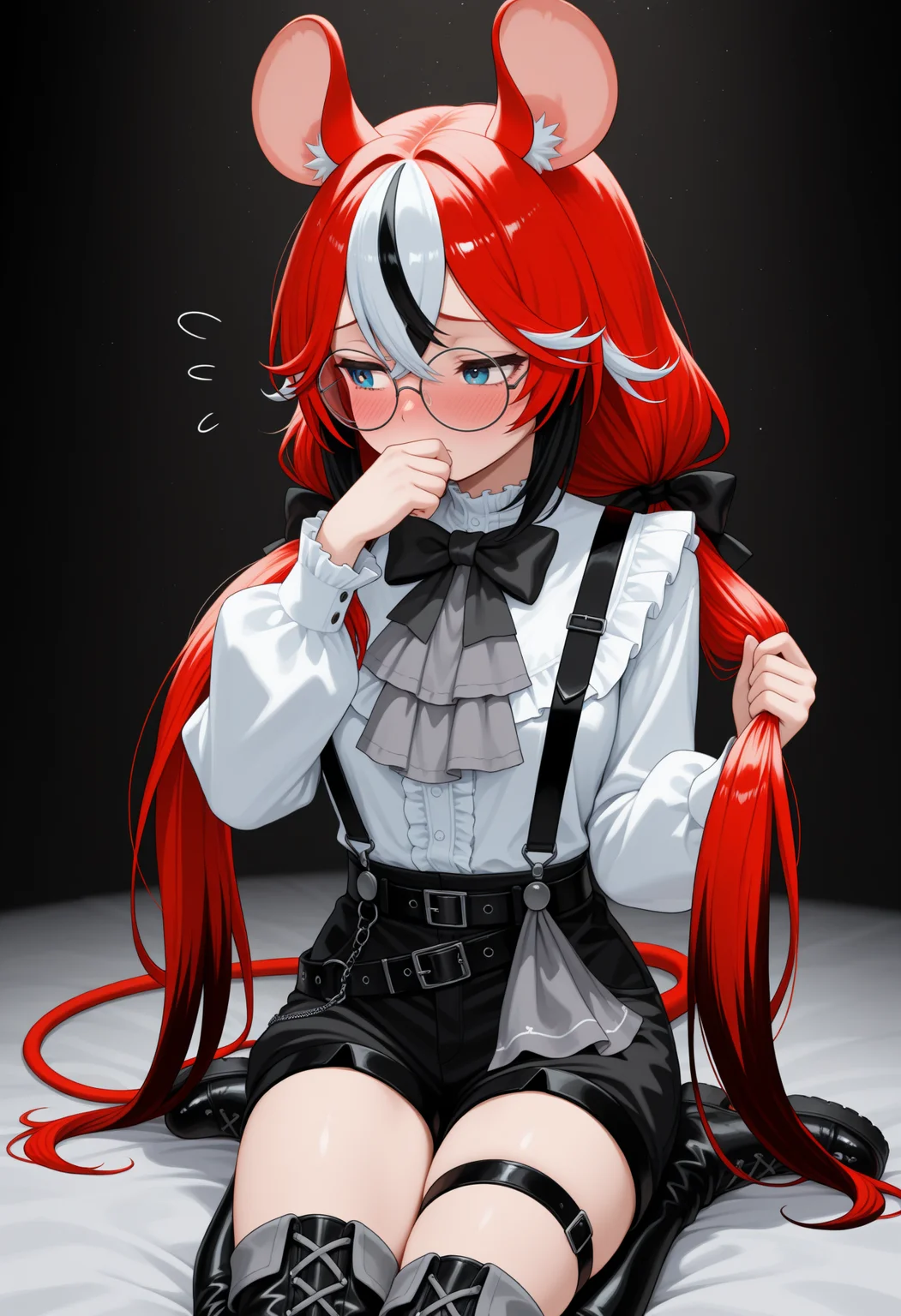 masterpiece, best quality, 1girl, solo, B4elzStlRs, blue eyes, multicolored hair, red hair, white hair, black hair, very long hair, low twintails, animal ears, hair bow, round eyewear, black bowtie, grey ascot, frilled shirt, white shirt, long sleeves, suspenders, black shorts, black belt, black thigh strap, uneven legwear, black boots, tail, tail ornament, holding own hair , hand over own mouth, shy, blush, embarrassed, averting eyes, <lora:ChamHakosBaelzNoob:1>