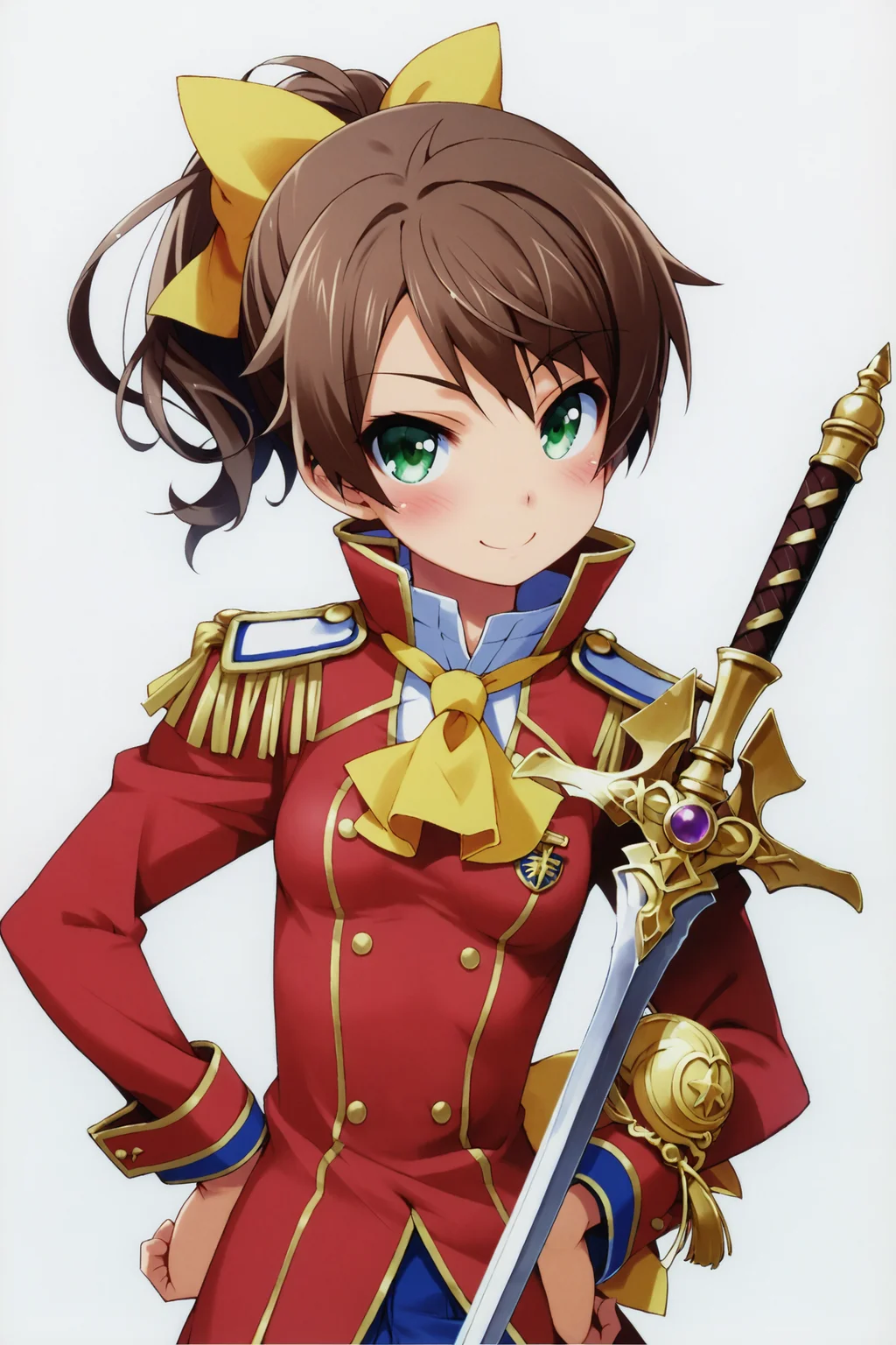 score_9,score_8_up,score_7_up,masterpiece,best quality,very aesthetic,absurdres,official art,official style,
Shimada Minami,1girl,rapier,solo,green eyes,sword,brown hair,weapon,ponytail,smile,hand on hip,blush,epaulettes,hair bow,yellow bow,ascot,uniform,small breasts,looking at viewer,white background,
<lora:Haga yui_XL_PONY:0.8>,