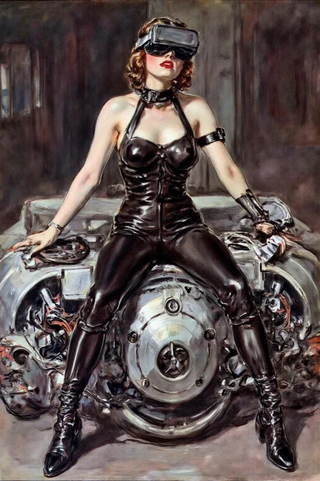 jamesmontgomeryflagg1 illustration.
A striking, futuristic scene depicts a woman dressed in sleek, form-fitting leather attire, sitting confidently atop an open power suit, inspired by the cyberpunk aesthetics of Masamune Shirow. The power suit, a blend of advanced technology and military-grade armor, features intricate mechanical details, exposed wiring, and a robust, yet streamlined design. The woman, wearing a cutting-edge VR headset, exudes a sense of control and mastery over the machine beneath her. Her posture is relaxed yet commanding, with one hand resting on the suit's metallic surface and the other casually holding a piece of advanced tech. The background is a high-tech industrial setting, with dim lighting that casts dramatic shadows, highlighting the fusion of human and machine. The overall atmosphere is one of futuristic coolness and cybernetic elegance, capturing the essence of Shirow's iconic style <lora:jamesmontgomeryflagg1_cap_d8a4e12:1.0><lora:859127933820794711:0>