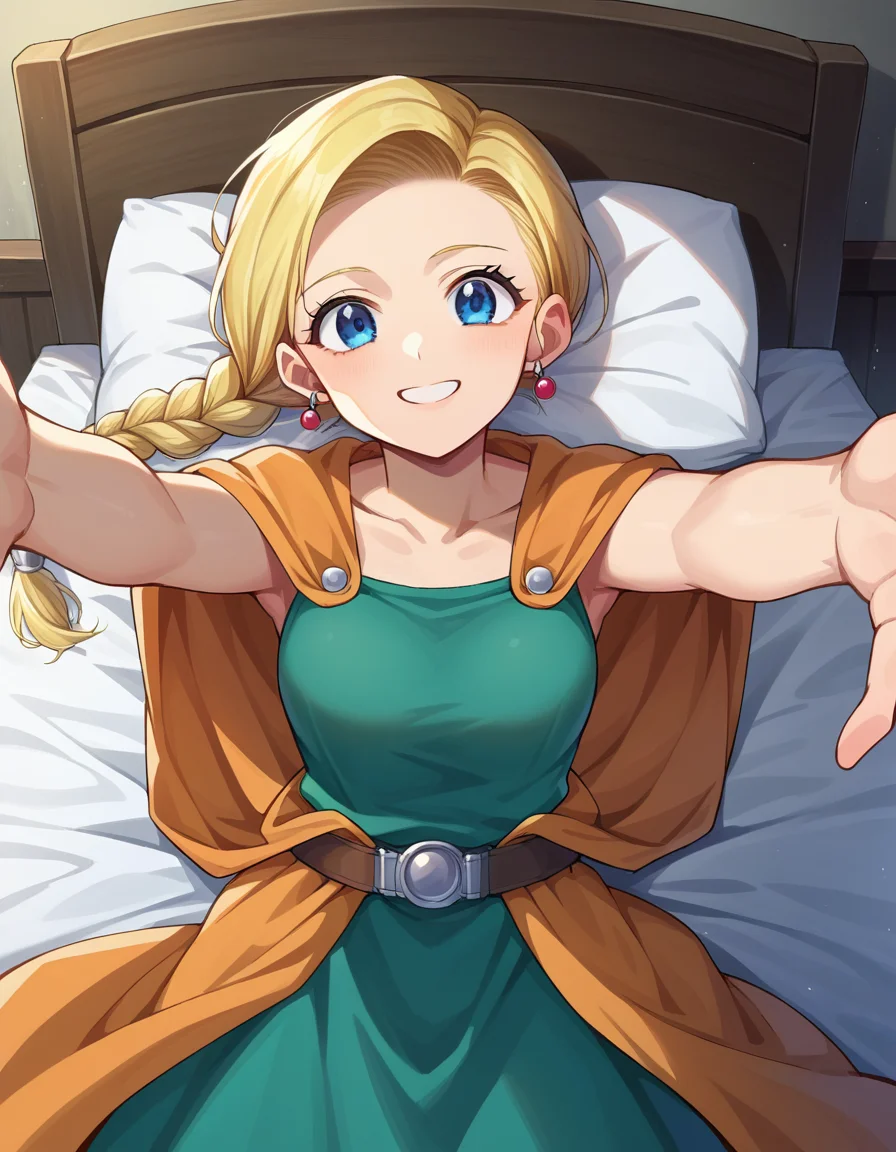score_9, score_8_up, score_7_up, source_anime,
dqbianca, <lora:dq-bianca-ponyxl-lora-nochekaiser:1>,
bianca, blonde hair, blue eyes, braid, braided ponytail, long hair, smile,
belt, brown belt, cape, dress, earrings, jewelry, green dress,
indoors, bed, bed room, on back, arm support, arms up, incoming hug, pov, reaching, reaching towards viewer,
looking at viewer, dutch angle, cowboy shot,