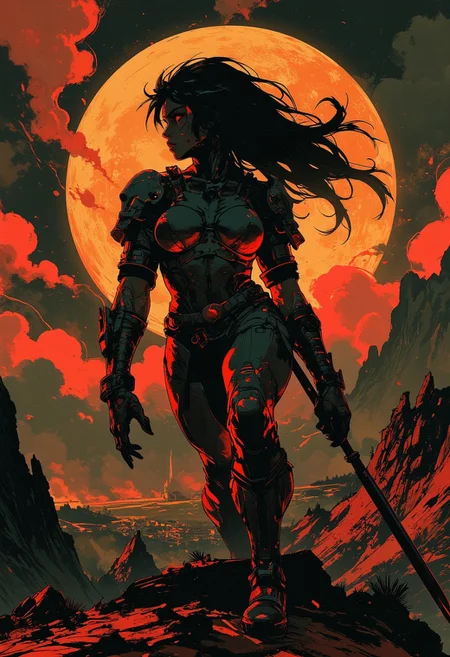 in the style of ck-mgs, nistyle, Inkplash art on rice paper, sepia, henna, Silhouette Art, magnificent, inksplash, closeup portrait, female spartan warrior, large breasts, toned arms, flowing black hair, reflective black and neon red armor, armor, large breasts, holding a spear, abstract background suggesting a mountain top, overlooking a village in a valley, midnight atmosphere, moonlight, moon rays, night, Cowboy Shot, close up,