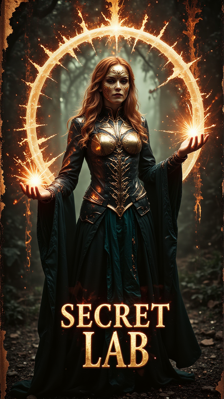 A powerful sorceress casting a spell, bronze frame, with glowing golden magic circles around her with text: "Secret Lab"