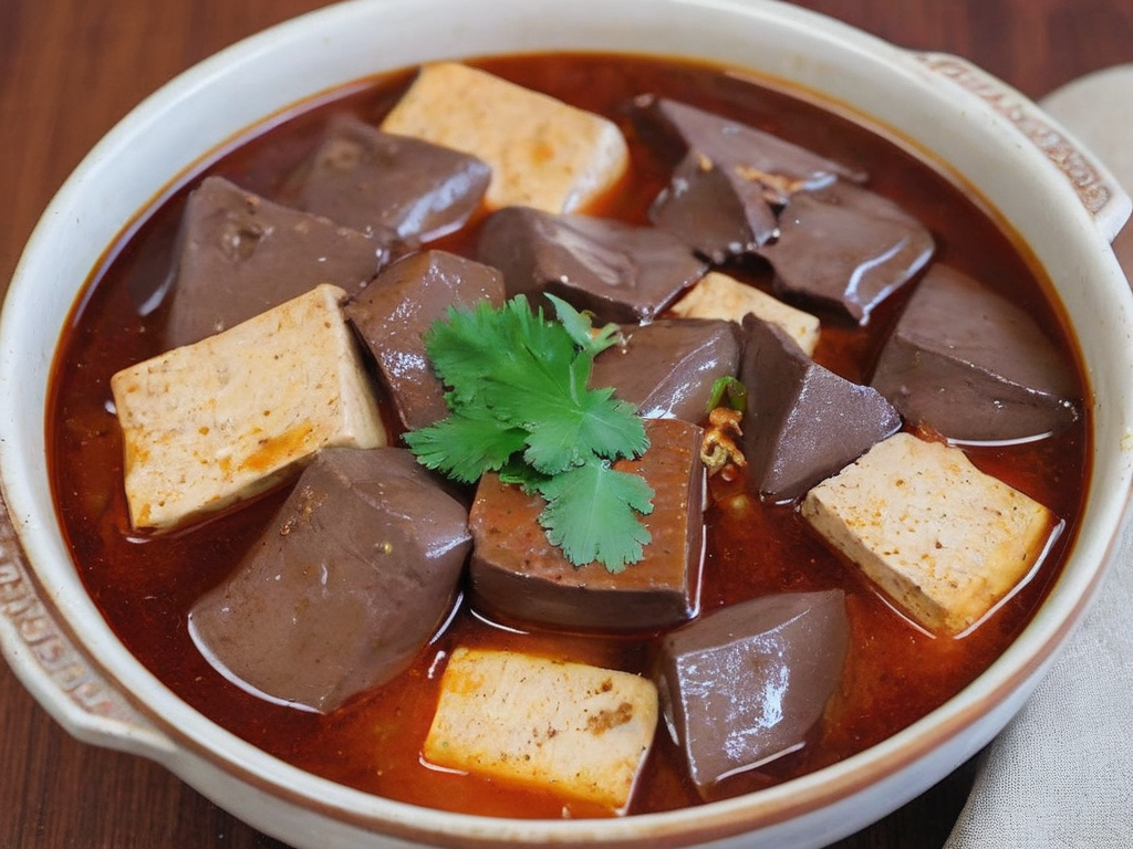 A high-resolution, hyper-realistic image of a bowl of maradofu, a unique delicacy in Taiwanese cuisine. The dish features cubes of duck blood and tofu, cooked in a savory broth and garnished with fresh herbs. The duck blood has a rich, dark color and a smooth, jelly-like texture, while the tofu is soft and creamy. The dish is served in a traditional ceramic bowl, placed on a rustic wooden table. The scene is set in a cozy Taiwanese kitchen, with all elements in sharp focus, creating a clear and detailed image. The lighting should be warm and inviting, highlighting the appetizing qualities of the maradofu and the homely atmosphere of the setting, <lora:maratofu:0.7>