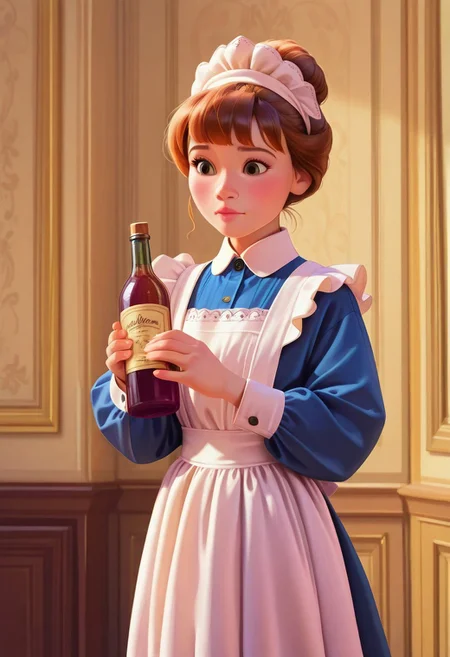 masterpiece, best quality, DisneyStudioXL, realistic, detailed, cartoon, cinematic, 1girl, solo, maid, holding bottle, ballroom