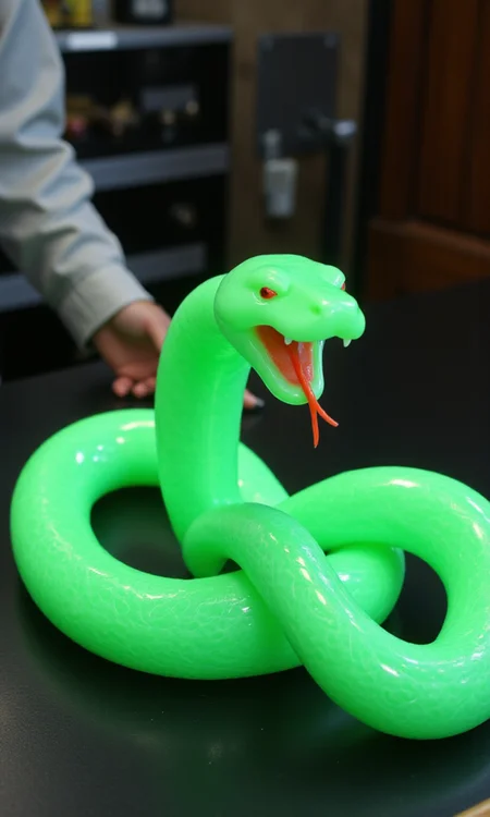 jade_snake, shebaaobao, neouv, cartoon snake made out of glowing illuminated iridescent jade ready to bite somebody on the counter of a pawn shop in New York City <lora:jadesnakeflux-000001.safetensors:1.0> <lora:shebaobao_flux_snake_Cartoon_v2.safetensors:1.0> <lora:neouv_flux_03.safetensors:1.0>