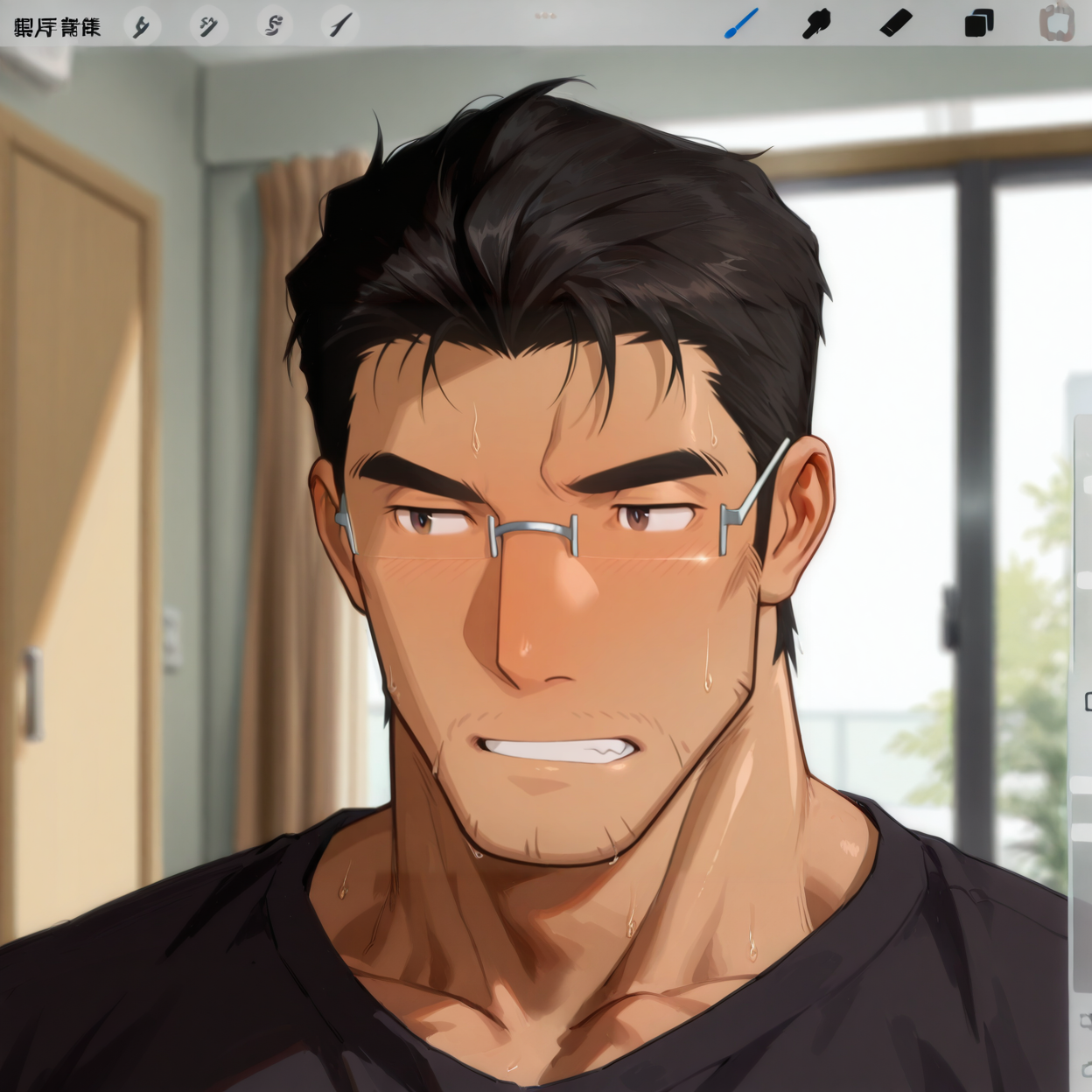 <lora:Kousaka_Daisuke_V2-000001:1> Kousaka_Daisuke, anime screencap, short hair, black hair, hair slick back, dark brown eyes, thick eyebrows, stubble, tan skin, sideburns, (semi-rimless eyewear),
(very short hair, beard, bara, mature, facial hair, stubble, beard, full beard, sideburn, beard, a lot of beard, ), facial hair,male focus, muscular male, muscular male, bara, mature,  bara, mature, aixiwuganda_(20222192), very awa, masterpiece, best quality, absurdres, newest, perfect quality, detailed background, intricate details,
<lora:slider_Body Type_alpha1.0_rank4_noxattn_last:3><lora:style_Anime Summer Days 2 Style SDXL_LoRA_Pony Diffusion V6 XL:.6><lora:slider_cfg_scale_boost:.7><lora:Artist6p:.55>, Artist6p, Artist04p,<lora:slider_il_brightness_slider_d1:-1><lora:slider_il_contrast_slider_d1:-1><lora:slider_DarkSlider1.2_alpha1.0_rank16_full_300steps:-.6>