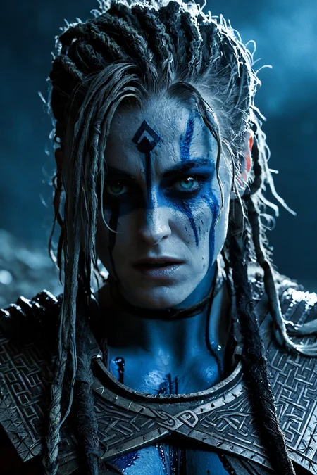 <lora:Emma_Corrin_SDXL_101:0.8> emmacorrin101 cinematic photo Close-up in Hellblade: Senua's Sacrifice, emerging from black mud, long hair with dreads, war blue paint, paint fading, angry expression, dirty face, finely detailed eyes, moody, Viking clothes, epic scene, epic composition, Photography, Cinematic Lighting, Volumetric Lighting, ethereal light, intricate details, extremely detailed volumetric rays 35mm photograph, film, bokeh, professional, 4k, highly detailed . Eerie, unsettling, dark, spooky, suspenseful, grim, highly detailed