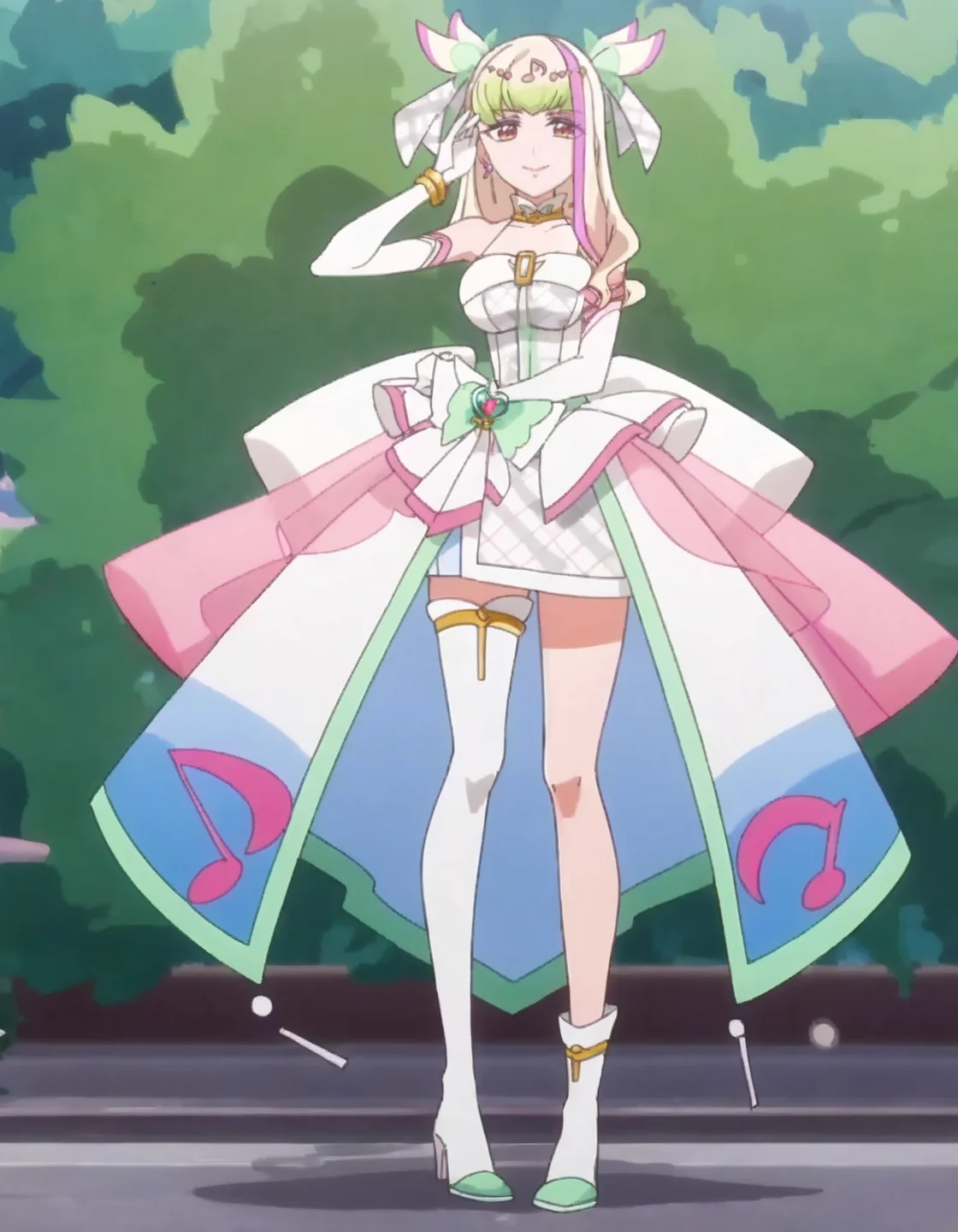 score_9, score_8_up, score_7_up, anime screencap, solo,1girl,curezukyoon, solo, gloves,elbow gloves, jewelry, idol, dress, thighhighs, earrings, musical note, bow, white gloves, smile, looking at viewer, bracelet, hair ornament, single thighhigh, boots, high heels, makeup, magical girl,large breasts,<lora:curezukyoon_pony:0.8>