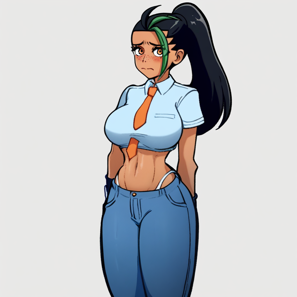 score_9, score_8_up, score_7_up, source_anime, expressive, anime, (4k4bur5tyl3:1.2), Artist speedlines, dynamic, 1girl, (nemona), streaked hair, ponytail, orange eyes, milf, aged up, curvy, fit, dark skin, (white bikini), large breasts, skinny, thick thighs, navel, standing, shy, blush, blushing, embarrassed, sensual, horny, longing, looking at viewer, source_hentai, simple background