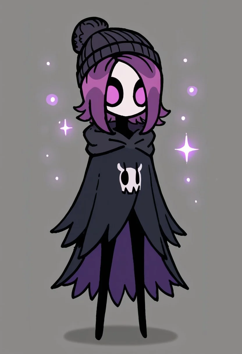score_9, score_8_up, score_7_up, purple particles,
BREAK,
1other, bug, hkcharacter, solo, full body, huskcreature, mask, Uzi, purple hair, purple eyes, (mouthless:1.3), (black cloak, black beanie:1.3)