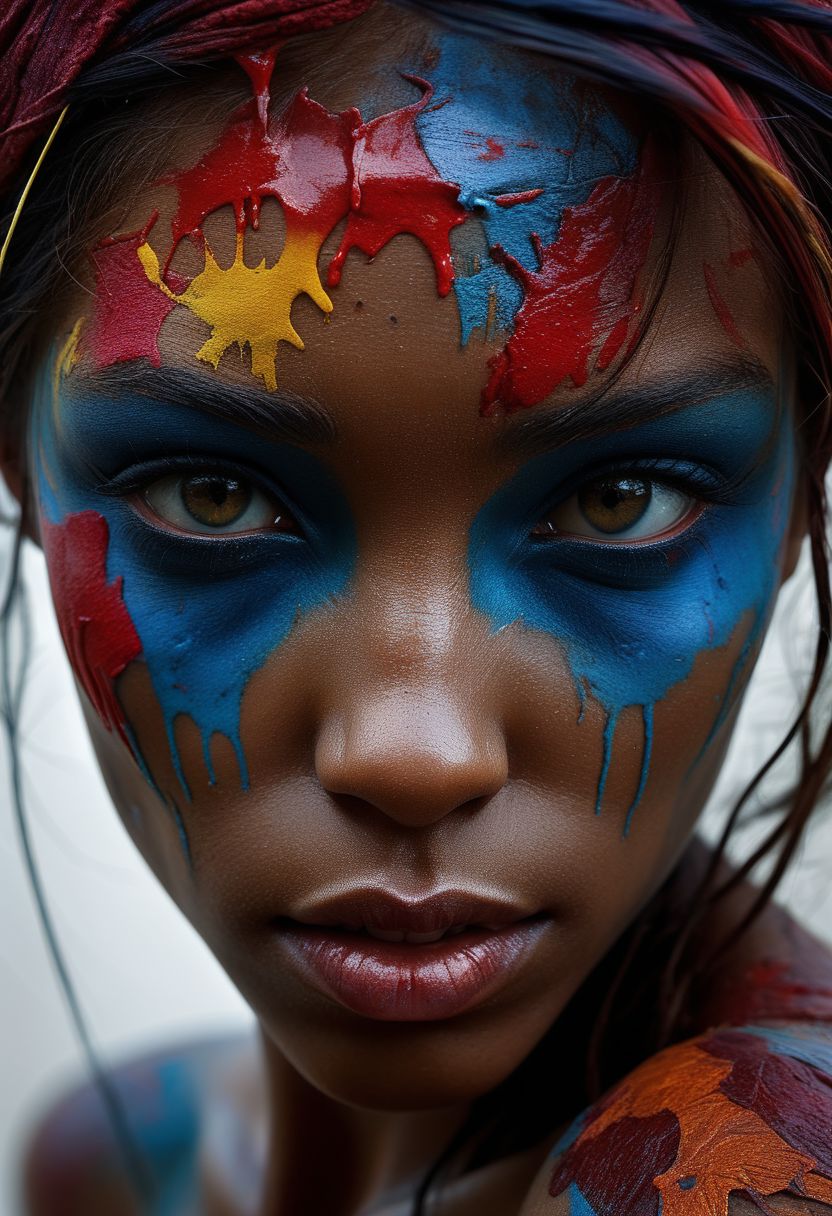 Close-up face, mysterious silhouette of an exotic coloured girl in worn down clothing, bloody war-paint over eyes only, goddess, alluring, by Minjae Lee, Carne Griffiths, Emily Kell, Steve McCurry, Geoffroy Thoorens, Aaron Horkey, Jordan Grimmer, Greg Rutkowski, amazing depth, double exposure, surreal, geometric patterns, intricately detailed, bokeh,  perfect balanced, deep fine borders, artistic photorealism , smooth,  great masterwork by Suiras  <lora:add-detail-xl:2>  <lora:Double_Exposure:0.5>
