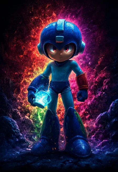 Rockmegamen, dark fantasy theme, rainbow colored silhouette outline against a dark background, megaman, blue helmet, beautiful horror, anime, magical fantasy, plasma pattern, dark lights
,epic, cinematic colors, masterpiece, detailmaximizer, midjourneyv6.1
