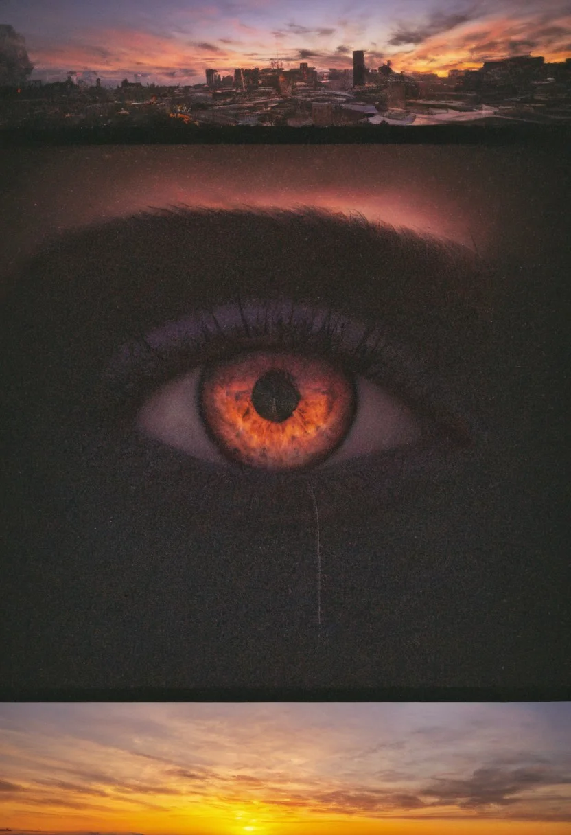 eye, iris, pupil, sclera, sunset