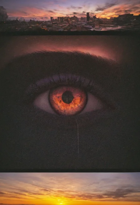 eye, iris, pupil, sclera, sunset