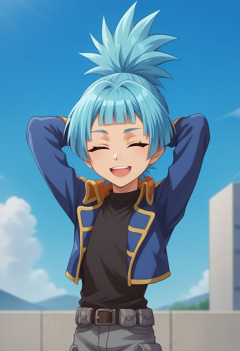 score_9, score_8_up, score_7_up, source_anime, highly detailed, 
sora, solo, 1boy, male focus, blue hair, blunt bangs,  jacket, ponytail, belt, spiked hair, shorts, open jacket, blue jacket, shirt, black shirt, long sleeves, upper body, hands behind head, smile, closed eyes, open mouth, happy,
outdoor, sky,