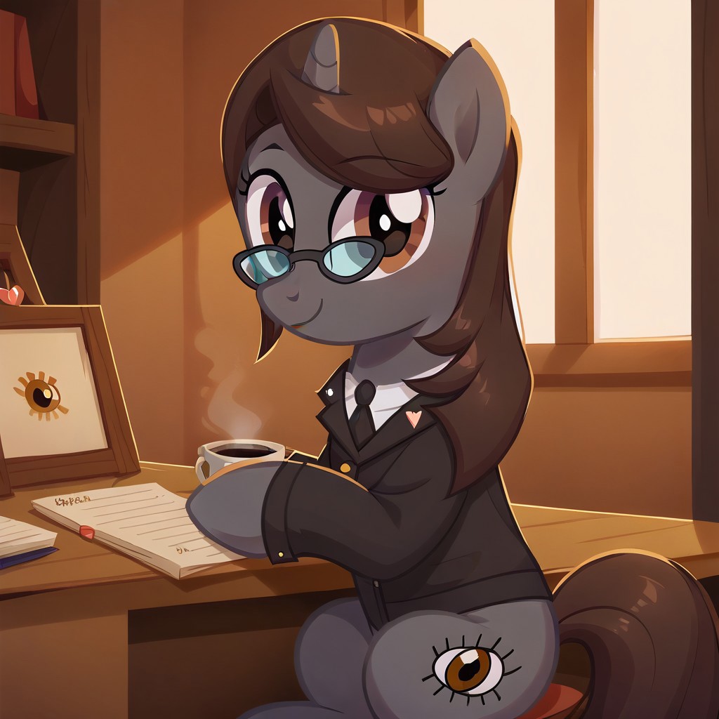 masterpiece, perfect detail, best high quality, source_pony, show accurate, cute, 1girl, solo, female, oc:sonata, glasses, attorney suit, badge on collar, pony, tail, sitting, sitting in chair, desk, coffee mug, lawyer's office, office, paperwork, folders, books, bookshelf, window, sunshine, smile, closed mouth, beautiful, looking at viewer, score_9, score_8_up, score_7_up, score_6_up, score_5_up, score_4_up