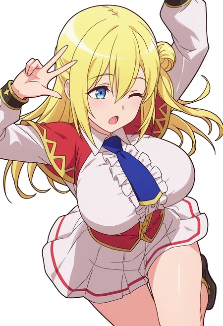 Smooth Quality,masterpiece,very intricate, high quality details, ultra realistic, high detailed skin,detailed enviorement,absurdres,
w,solo,
 <lora:Enome_CNR:0.8> enome_cnr, blonde hair, blue eyes, long hair, large breasts, hair between eyes, white shirt, blue necktie, collared shirt, long sleeves, skirt, capelet, necktie, center frills,single hair bun, half updo,, simple background, white background, dynamic angle,
jumping pose, arms spread wide, legs bent mid-air, joyful expression, dynamic energy,  ,, ;o,