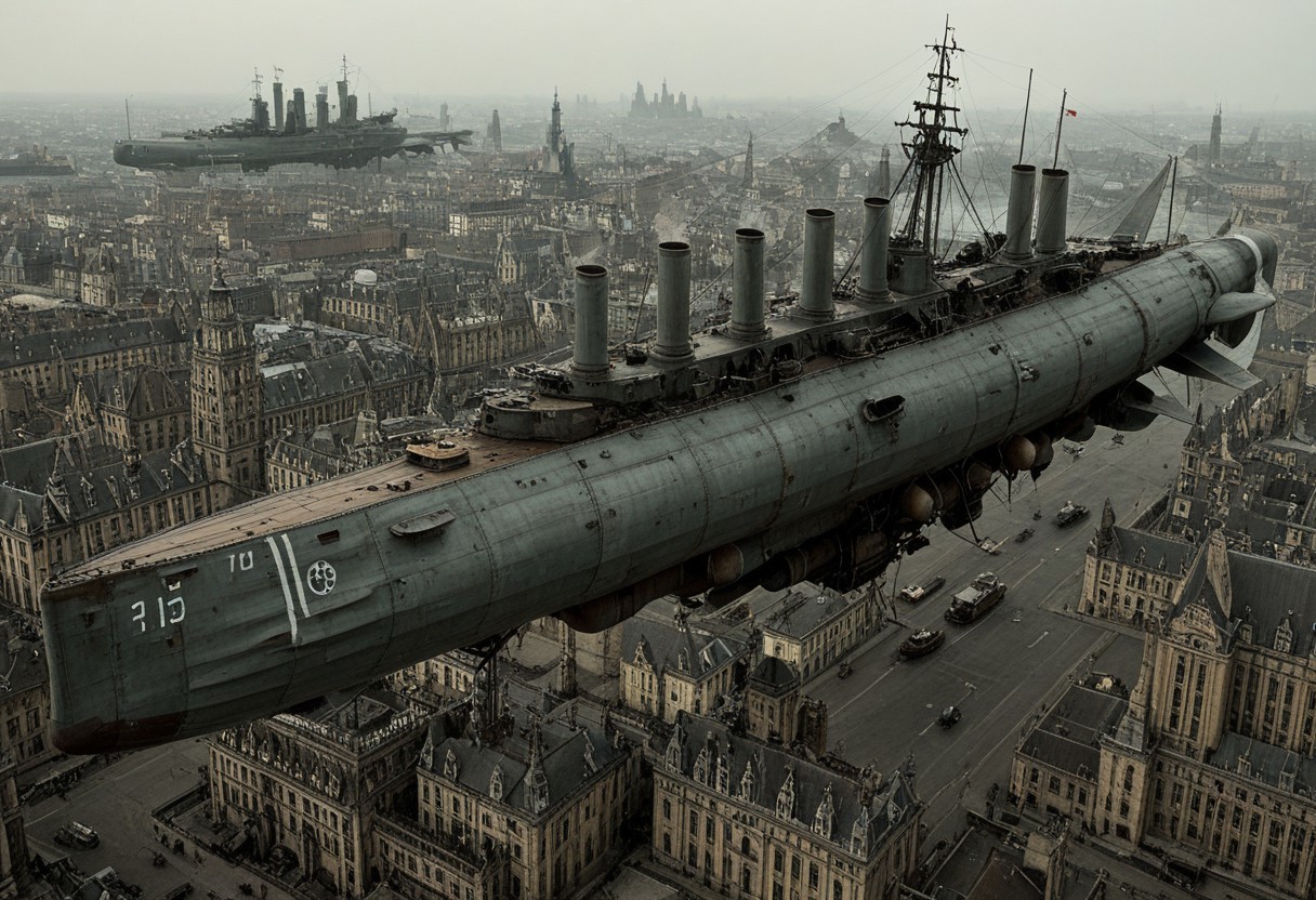 masterpiece, best_quality, very_aesthetic, highres, absurdres, ultra detailed, airship,  battleship, steampunk, Victorian, 
flying over Victorian city,
 airship, vehicle focus, no humans, military vehicle, military, science fiction, aircraft flying, radio antenna, cannon, machinery,rocket launcher,
dark iron, (light blue/navy gray vehicle), 
spiral, pipe ,rivets, ,wire,