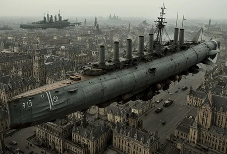 masterpiece, best_quality, very_aesthetic, highres, absurdres, ultra detailed, airship,  battleship, steampunk, Victorian, 
flying over Victorian city,
 airship, vehicle focus, no humans, military vehicle, military, science fiction, aircraft flying, radio antenna, cannon, machinery,rocket launcher,
dark iron, (light blue/navy gray vehicle), 
spiral, pipe ,rivets, ,wire,